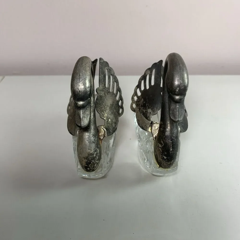 Swan Salt Cellar Silver Plated With Spoons Crystal Glass Tableware Collectible